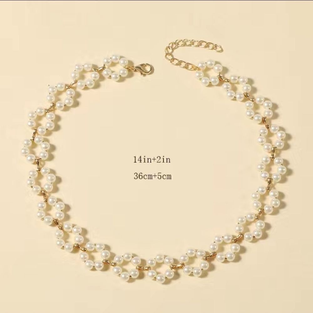 Flower Shape Braid Necklace Faux Pearls Short Choker Necklace - Picture 4 of 9